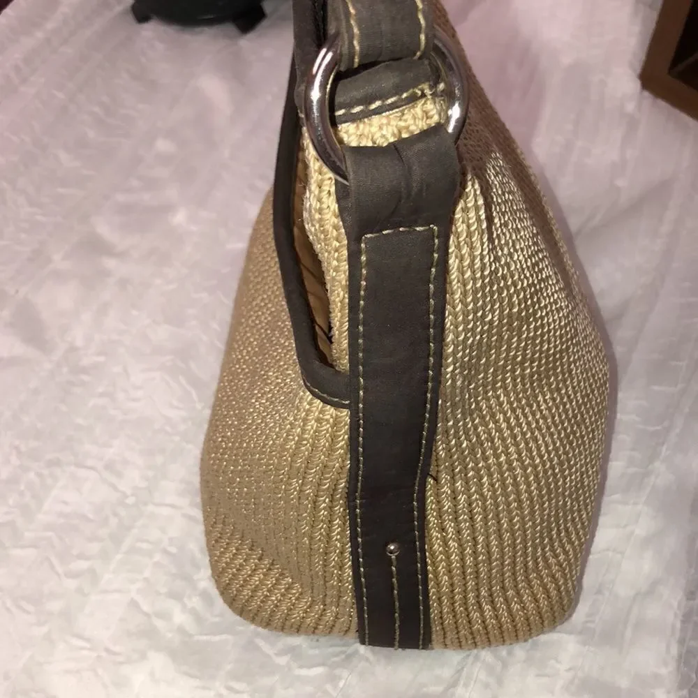 lina Woven Knit Macrame Thread Vinyl Combo Hobo Tan Brown Shoulder Bag
